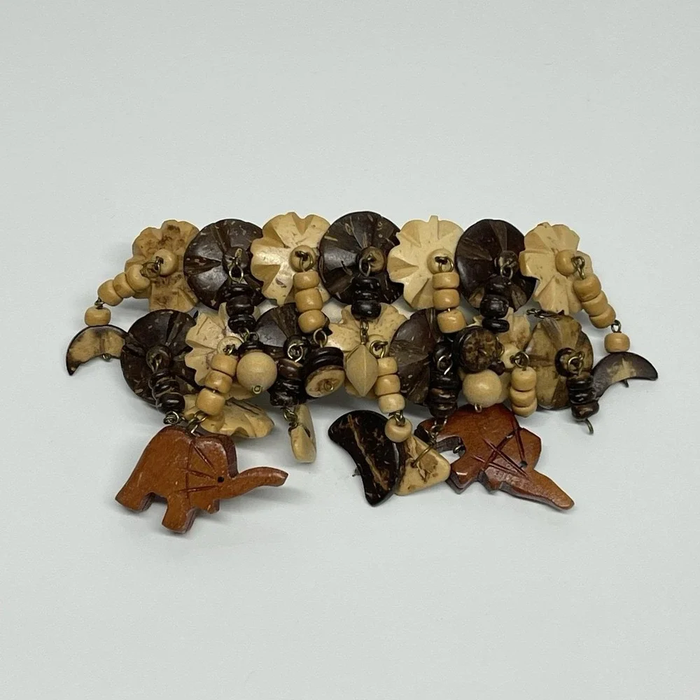 Vintage African Safari Hair Barrette Hand Carved Wooden Elephants Beads Floral